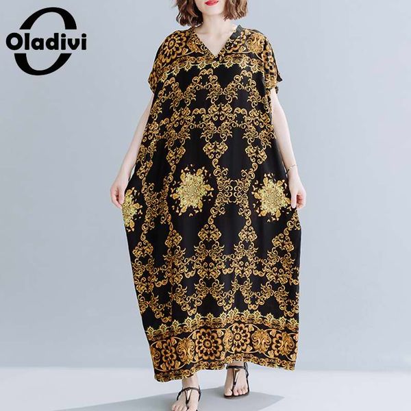 

oladivi oversized plus size women bohemian dress summer holiday beach wear casual loose maxi long tunic dresses 8xl 7xl 6xl 5xl, Black;gray