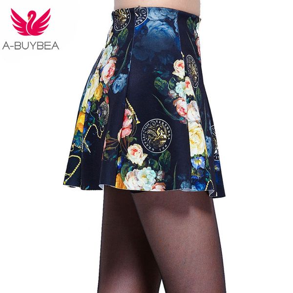 

a-buybea 2018 spring autumn women digital print skirts stretchy flared pleated mini skirt girl's short skirt, Black