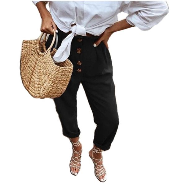 

new women summer pants button solid high waist casual daily wear ladies wear long trousers loose pluse size 2020, Black;white