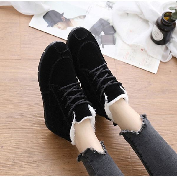 

woman snow boots winter women solid lace up ankle boots woman's slip on flock furry warm sewing flat female fashion causal shoes, Black