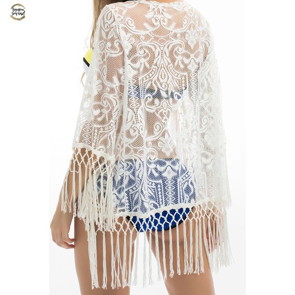 

women boho beach summer bathing suit lace hollow out crochet tassel swimwear cardigan floral blouse flutter sleeve blusa feminina, White