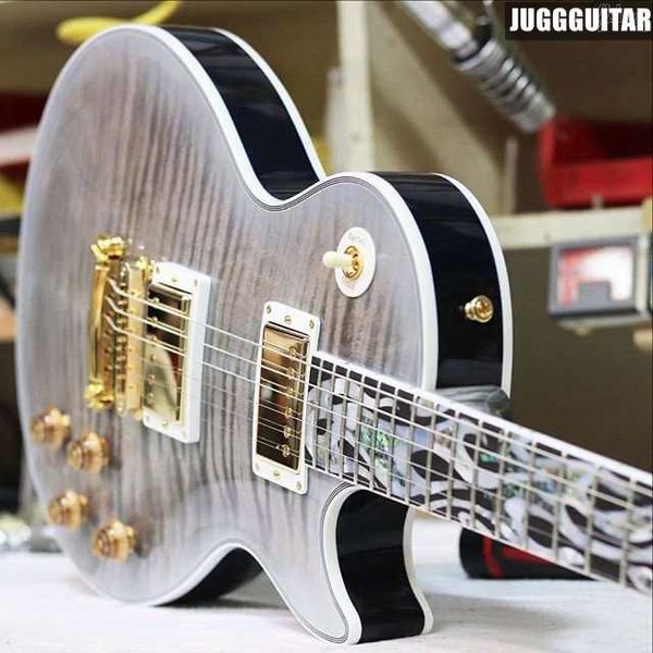 

custom crimson ice flame limited run gray maple electric guitar 3 piece flame maple neck, ice flame inlay, gold grover imperial tuners