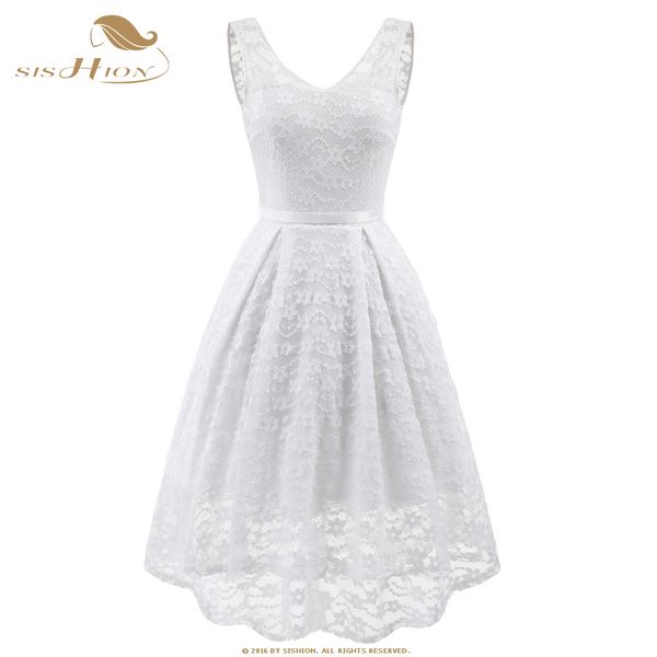 

sishion white lace dress sleeveless double v neck short front backless elegant blue red pink party summer dress vd0704, Black