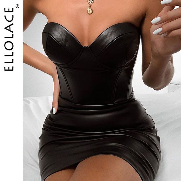 

ellolace сексуальный без бретелек искусственная кожа bodycon платье женщины твердые спинки без рукавов клуб платье-миди женский 2019 новые ч, Black;gray