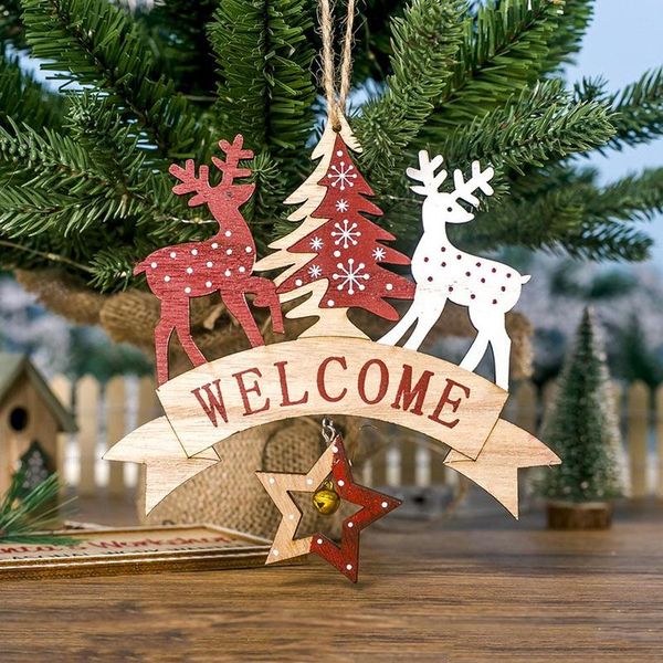 

1pc welcome hanging pendant christmas elk wooden letter printed decor christmas tree birds home xmas party ornament kids gift