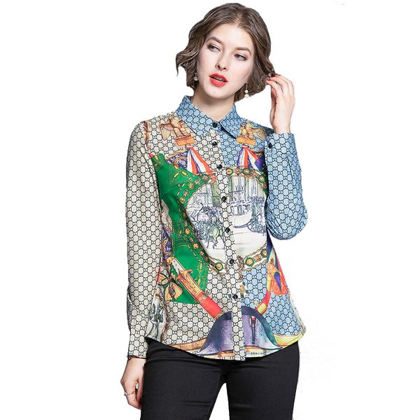 

women's blouses & shirts 2021 spring summer fall runway vintage striped print collar long sleeve turn-down neck womens party casual blo, White