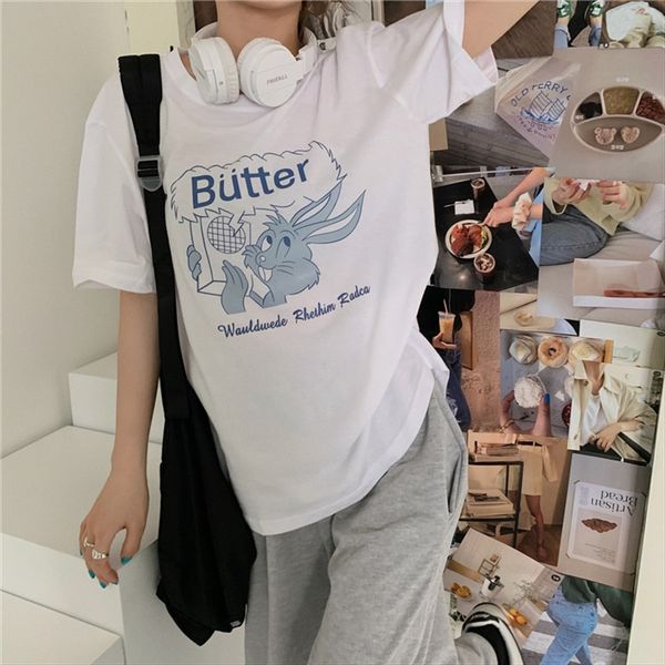

100% cotton 2020 loose bm super fire cartoon short-sleeved t-shirt female all-match student 100% cotton 2020 loose bm super fire cartoon, White