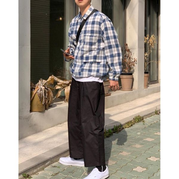 

new male japan korea style streetwear loose summer thin shirt men long sleeve casual pullover plaid shirt, White;black