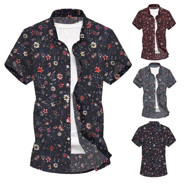 

men's casual shirts lapel shirt cotton and linen short sleeve fashion floral print blouse, White;black