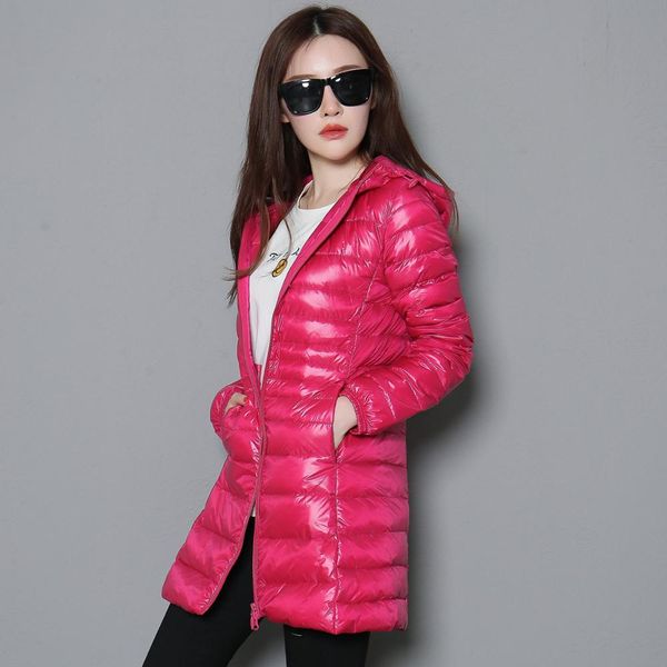 

женщина осень проложенный с капюшоном длинные куртки белая утка вниз женщины шинель ultra light тонкий твердые куртки coat портативный parka, Black