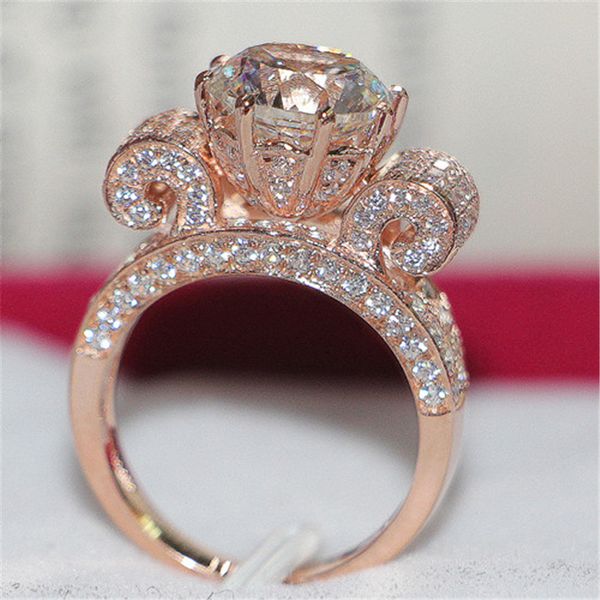 Anelli di fiori di loto in argento sterling solido reale al 100% 925 per le donne Regalo di gioielli da sposa in oro rosa con diamanti simulati di lusso da 4 ct