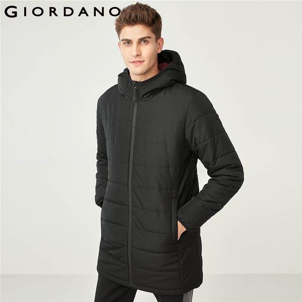 

giordano men jacket men solid color mid long hood quilted zip jacket warm pockets windbreaker banded cuffs hombre, Tan;black