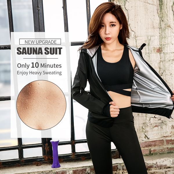 

gym clothing set womens hoodies zipper sportswear running fitness training jersey weight loss sweating sauna sports suit, White;black