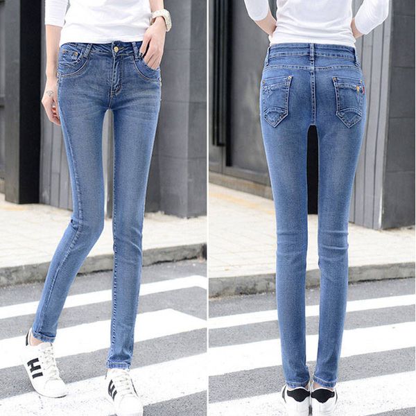 

карандаш джинсы корейской версии джинсы средний талия женщины 2020, Blue