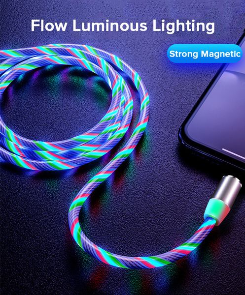 

3 in 1 led glowing flowing charging cable 360 magnetic for type c cord flow luminous data wire for samaung huawei phone led micro cable