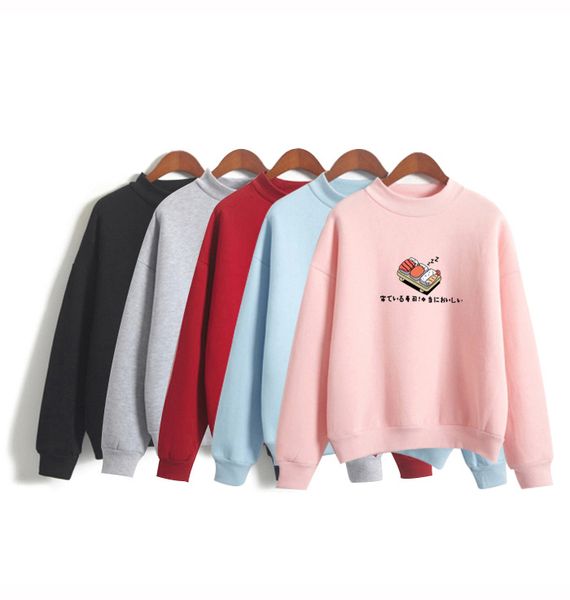 

толстовки женщин 2017 осень зима толстовки мультфильм kawaii суши японский принт руно свободный moletom feminino harajuku пуловер, Black