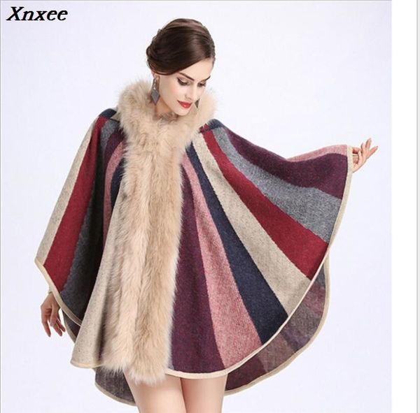 

2019 autumn and winter new fashion imitation fur collar hooded temperament shawl cloak knit cardigan coat female xnxee, Black