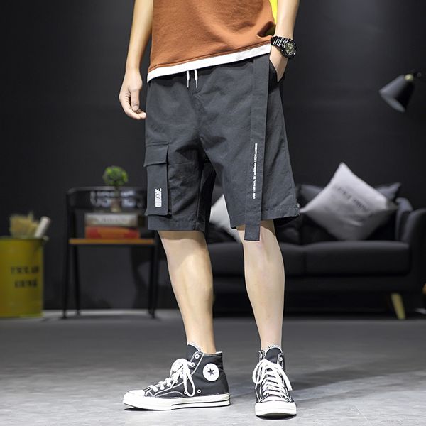 

ribbons casual cargo shorts men 2019 mens pockets cotton shorts summer male hip hop joggers fashion streetwear bermuda masculina, White;black
