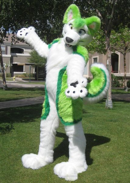 

2018 factory custom green husky fursuit dog fox mascot costume animal suit halloween christmas birthday full body props costumes outfit, Red;yellow