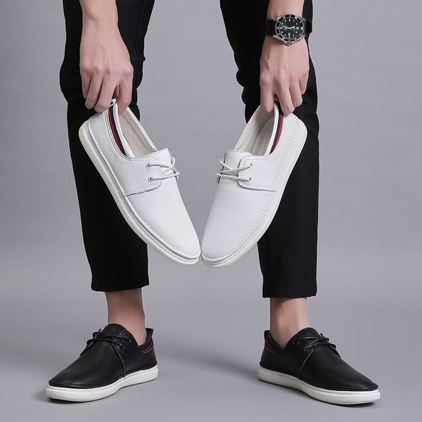 

fashionlace-up men loafers black white color genuine leather moccasins male flats skate shoes man leisure fashion casual shoes