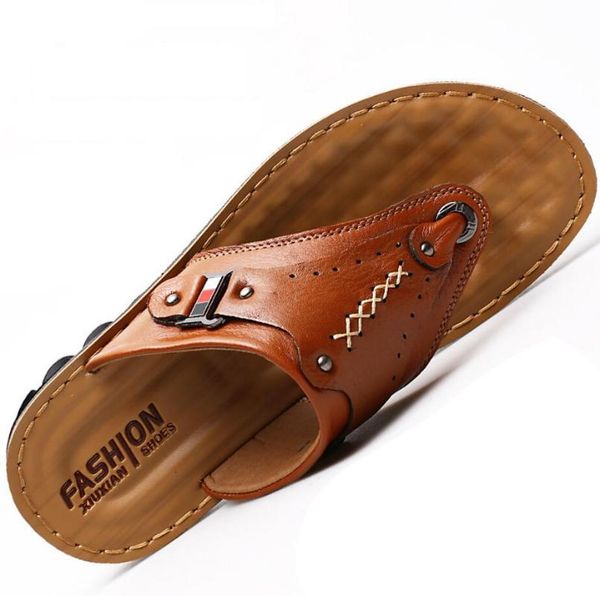 

2018 new cow leather men beach slippers fashion flip flops with soft sole trendy breathable easy to match men summer shoes, Black