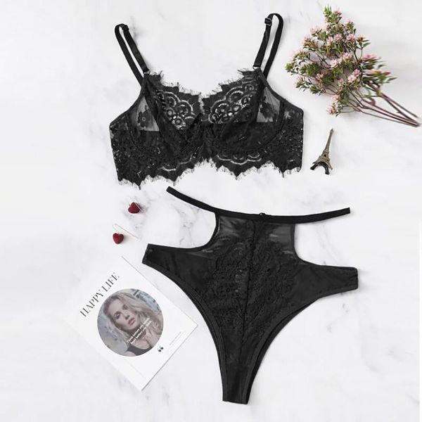 

bras sets 2-pc women sissly lace deep v lingerie straps bra and panty set babydoll underwear feminina 03*, Red;black