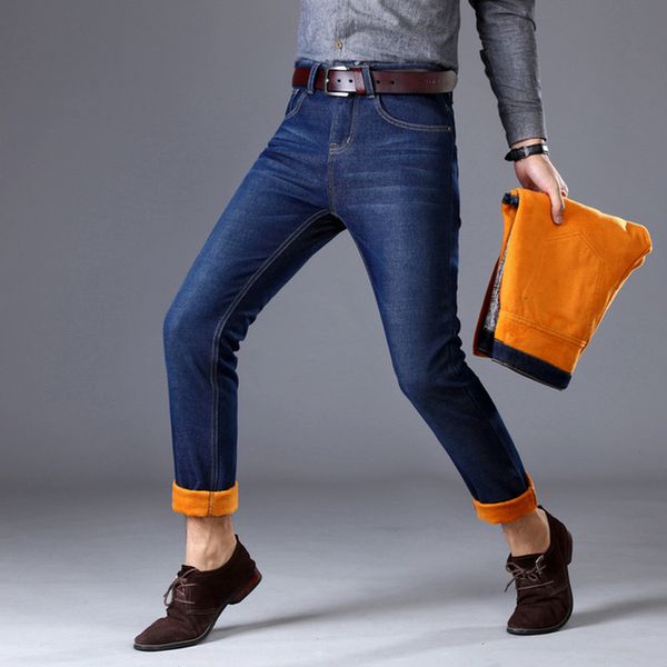 

mens winter warm jeans mens fashion smart casual straight slim denim pants thicken fleece cowboy trousers size 38, Blue