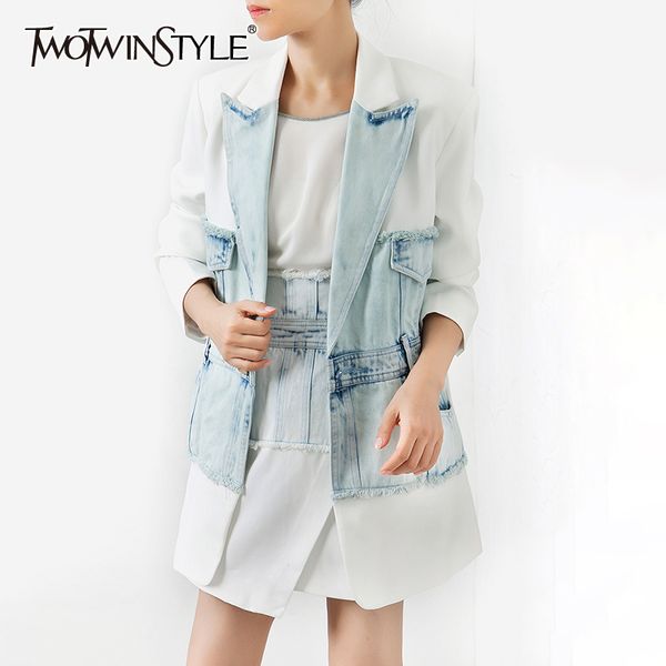 

twotwinstyle denim patchwork women's blazer notched collar long sleeve tunic elegant female jacket 2019 fashion autumn new, White;black