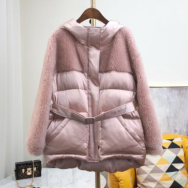

real fur coat women winter thick warm sheepskin shearing fur down coat silk patch work down jacket with hood npi 90215d, Black