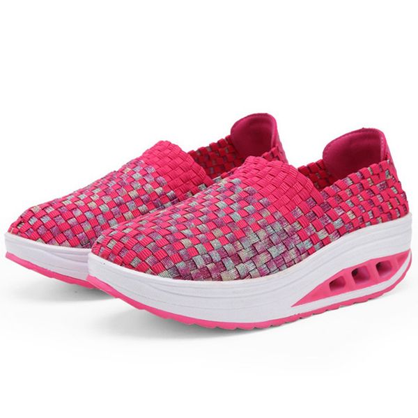 

breathable knit women swing shoes lady round toe slip on lazy platform shoes slim female wedges height increase loafers, Black;white
