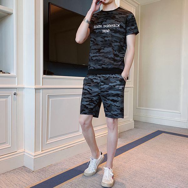 

summer camouflage men's sets embroidery short-sleeved t-shirt shorts 2 pieces casual men's sets, Gray