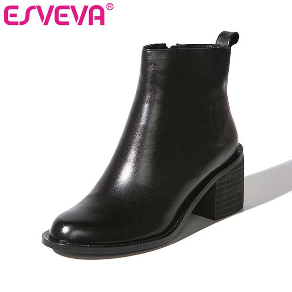 

esveva 2020 women shoes winter ankle boots round toe genuine leather slip on high heel motorcycle platform boot size 34-40, Black