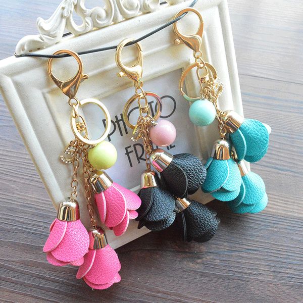 

Free DHL Fashion Keychains Rose Flower Leather Tassel Chain Pendant Keychain Car Keyring Women Bag Pendant Accessories Key Holder B786Q F