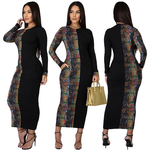 

fashion designer ladies dress clothing stretchy stitching snake print long sleeve fall party club wear long women dresses, Black;gray