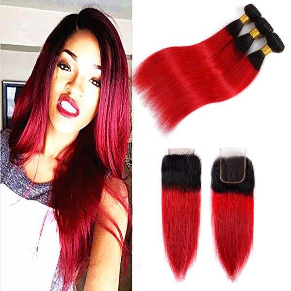 Extensões de cabelo virgem indiana 3 pacotes com fechamento de renda 4X4 1B/vermelho tramas de cabelo liso com fechamento médio três parte livre 1B vermelho