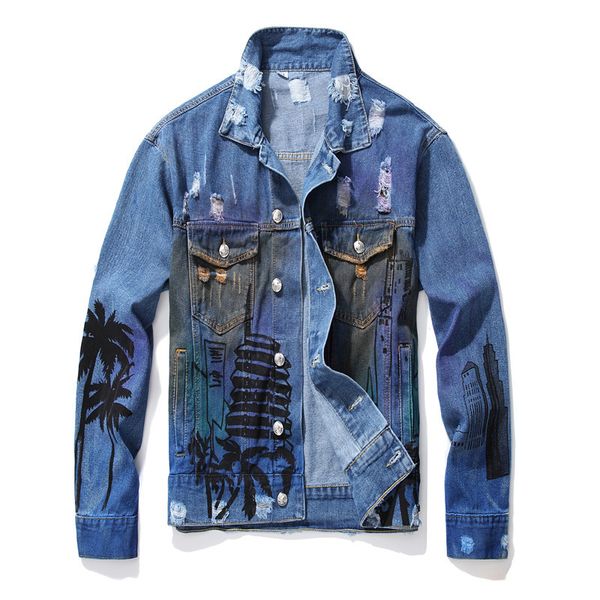 

men's printed loose style hip-hop fashion trendy men's loose jeans jacket coloured leisure style streetwear windbreaker coat, Black;brown