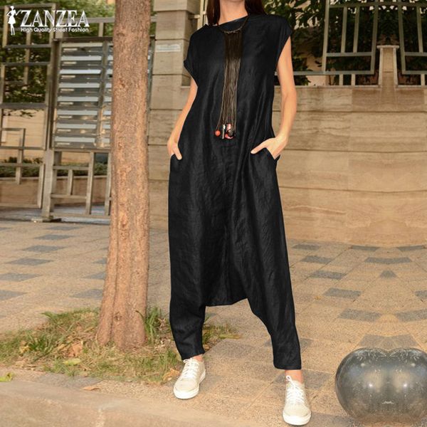 

zanzea fashion solid party long drop crotch jumpsuits 2019 summer women short sleeve overalls cargo pants female rompers femme, Black;white