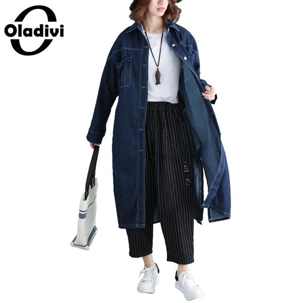 

oladivi plus size women denim jeans shirts ladies trench overcoat casual loose outerwear autumn 2019 cardigans female blue, Tan;black