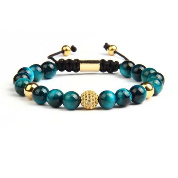 

ailatu micro pave cz ball couples bracelet 8mm natural blue & rose tiger eye stone beads jewelry, Golden;silver