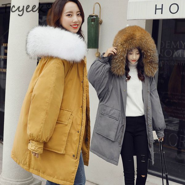 

tcyeek winter white duck down jacket woman hooded long thick warm down parka real fur loose outwear coat female lwl1182, Black