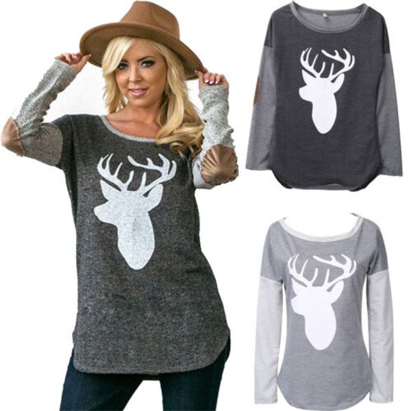 

womens xmas patches long sleeve deer head print loose cotton t-shirt, White