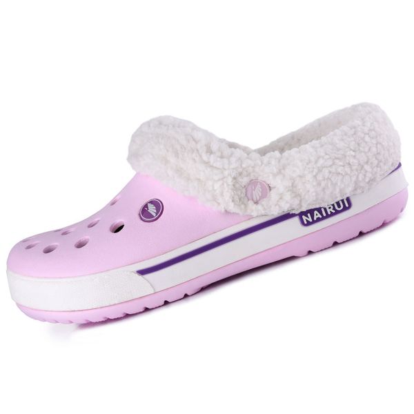 

rh original women brand design winter garden clogs warm removable fur home garden shoe eva flat indoor sandals hole shoes 9104, Black