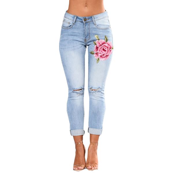 

2019 , wish embroidery elasticity with holes jeans women's pants, Blue