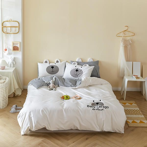 

cotton 3ps duvet cover sets cute bear quilt cover single bedding set pillowcase kids cartoon comforter bed sheet