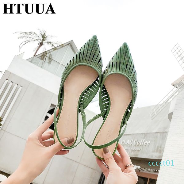 

htuua 2019 fashion pu leather hollow pointed toe sandals women summer shoes woman flat heel mules slippers sandalias ct1, Black