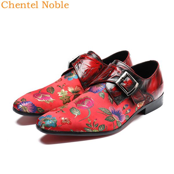 

chentel classic flower pattern fashion mens dress shoes genuine fabric leather loafters for casual mens shoes red black color