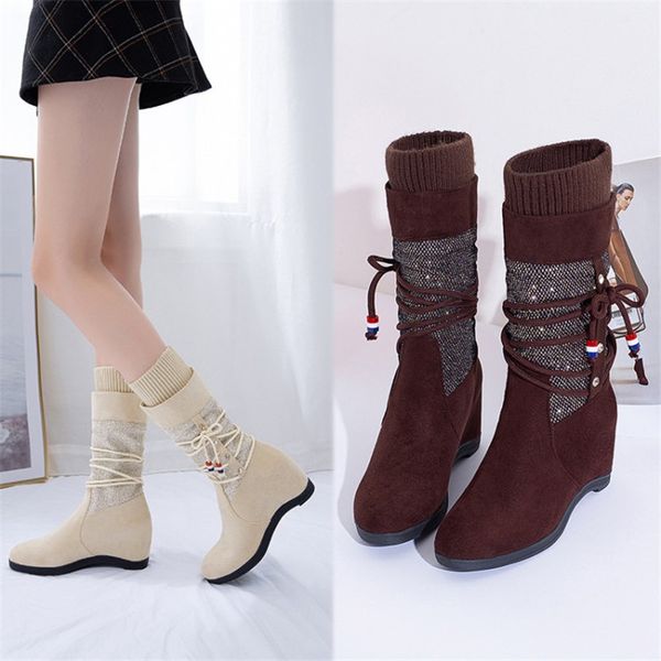 

women's boots suede wedges zipper solid color short plus size booties round toe shoes autumn winter leather ladies boots shoes, Black