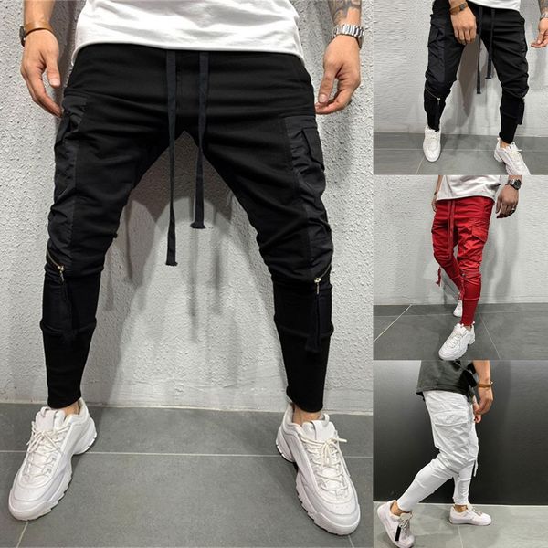 

men zipper pure overalls casual pocket sport work casual trouser pants pantalones hombre streetwear joggers hip hop sweatpants, Black