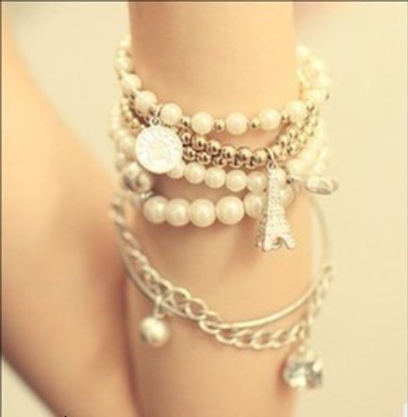 

ornaments iron tower coin multi-storey pearl group combine bracelet, Golden;silver