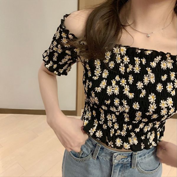 

chuchu daisies printed one-line collar women's 2020 short design short-sleeved shirt chuchu daisies printed one-line collar women, White